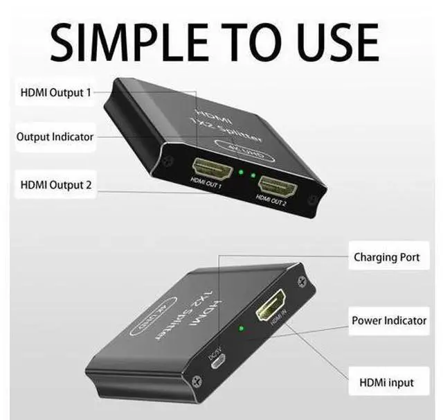 Alt view image 7 of 7 - HDMI Splitter 1 in 2 Out, 4K HDMI Splitter for Dual Monitors (Not for Extended Display, Mirror Only/Copy Mode), Sends Same Content to 2 Screens, Works with Laptop, TV, Monitor(HDMI Cable Not Included)
