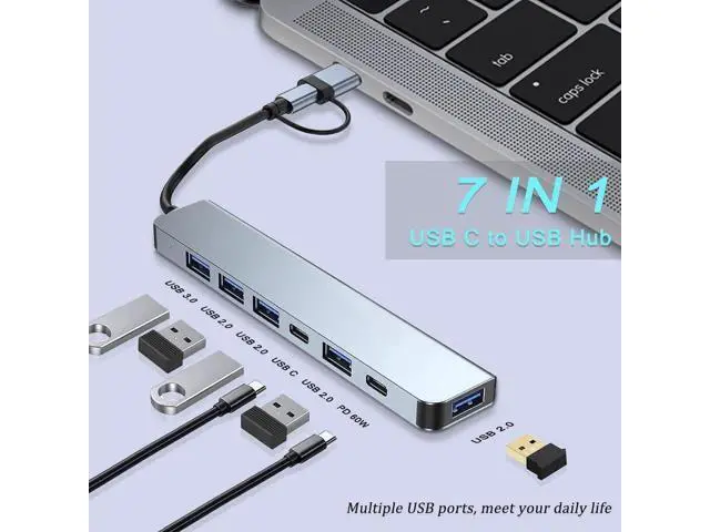 Alt view image 2 of 7 - USB Hub for Laptop,USB C & USB Hub,7 Port USB Hub,USB Splitter for PC,USB Extender USB Hub for PC Laptop,MacBook Docking Station PC iMac Pro Air Mac Mini/Pro, Notebook PC PS4,Aluminum