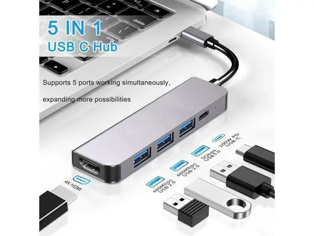 Alt view image 3 of 7 - USB C Hub, 5 in 1 USB C to 4K HDMI Splitter, USB 3.0, 2*USB 2.0, 4K HDMI Port, PD 100W Charging, for iPad Pro MacBook Pro Laptops and More