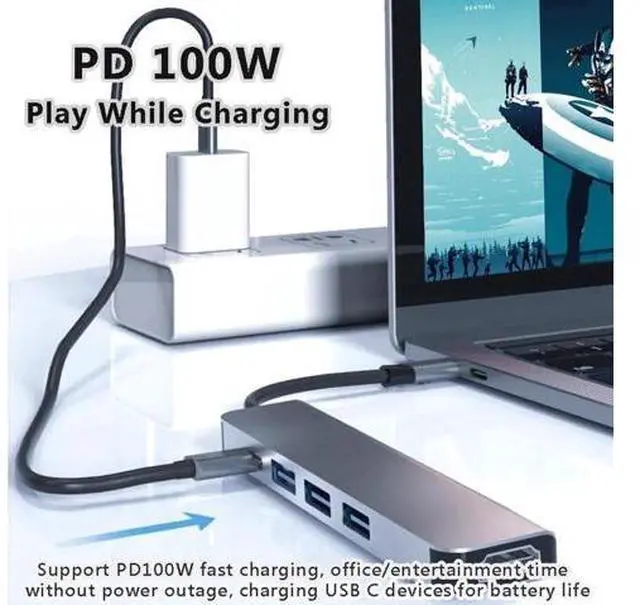 Alt view image 6 of 7 - USB C Hub, 5 in 1 USB C to 4K HDMI Splitter, USB 3.0, 2*USB 2.0, 4K HDMI Port, PD 100W Charging, for iPad Pro MacBook Pro Laptops and More
