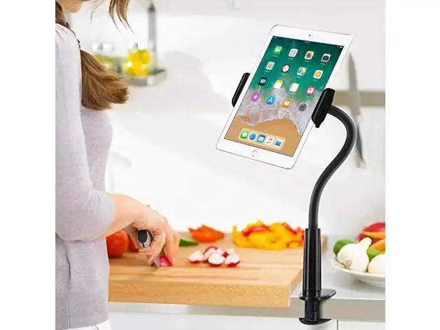 Alt view image 2 of 7 - Gooseneck Tablet Holder - Flexible Arm 360 Mount Clip Bracket Clamp Stand Compatible with iPhone SE 11 Pro XS Max XR X, Samsung, Switch ipad Kindle and More 4.7-10.6inch Devices (Black)