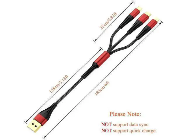 Alt view image 4 of 6 - Multi Charger Cable 2Pack 6ft Nylon Braided Universal 3 in 1 Multiple Ports Devices USB Charging Cord with Gold-Plated Type C/Micro USB Connectors for Phones Tablets (Charging Only)