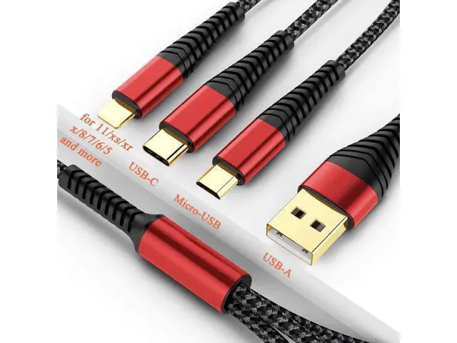 Alt view image 6 of 6 - Multi Charger Cable 2Pack 6ft Nylon Braided Universal 3 in 1 Multiple Ports Devices USB Charging Cord with Gold-Plated Type C/Micro USB Connectors for Phones Tablets (Charging Only)