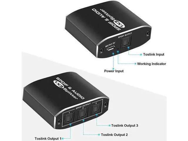 Alt view image 2 of 7 - 3 Port Digital Optical Audio Splitter with Power Cable &Optical Cable Toslink Splitter 1in3 Out Digital SPDIF Toslink Optical Audio Splitter Support 5.1CH Dolby-AC3 DTS PS3 Blue-Ray DVD