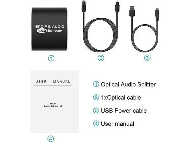 Alt view image 5 of 7 - 3 Port Digital Optical Audio Splitter with Power Cable &Optical Cable Toslink Splitter 1in3 Out Digital SPDIF Toslink Optical Audio Splitter Support 5.1CH Dolby-AC3 DTS PS3 Blue-Ray DVD
