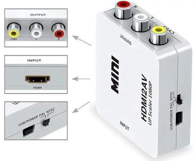 Alt view image 2 of 7 - HDMI to AV HDMI to RCA,HDMI to 1080P Mini RCA Composite Cvbs AV Video Audio Converter Adapter Supporting PAL/Ntsc with USBPower Cable for PC Laptop Xbox PS3/4 TV Stb VHS VCR Camera White