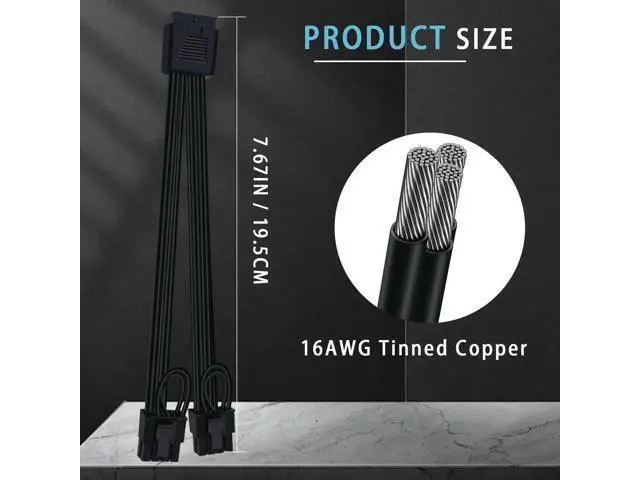 Alt view image 2 of 6 - 12VHPWR Cable Extension, 16 Pin Female to Dual 8 Pin(6+2) Male PCIe Conversion GPU Power Cable for Power Supply with 12+4pin 12VHPWR Port 7.67 in(19.5cm)