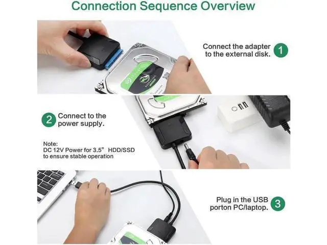 Alt view image 5 of 7 - USB3.0 Adapter Cable Converter 22 pin USB 3.0 to SATA Cable with 12V 2A Power adapter For 2.5 inch 3.5 inch HDD SSD Hard Disk Support UASP