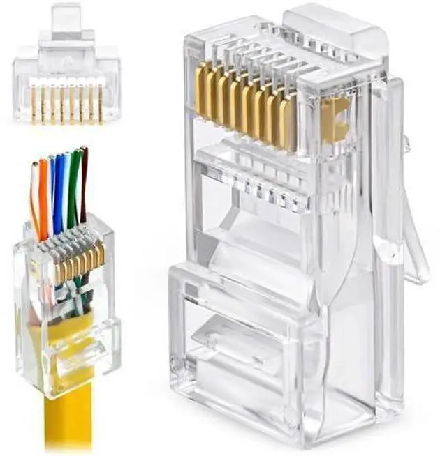 Main image of RJ45 Cat6 Pass Through Connectors Pack of 100 | Clear Ethernet Plugs for Unshielded Twisted Pair Solid Wire & Standard Cables | Compatible with PC, Server, Router