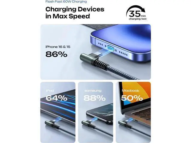 Alt view image 3 of 5 - USB C Cable to USB C 60W 2-Pack 6.6ft Nylon Braided Type C Charger Fast Charging Right Angle USBC to USBC Cable Charger Cord for Nintendo Switch 2 iPhone 16 Pro Max S25 Ultra iPad Pro