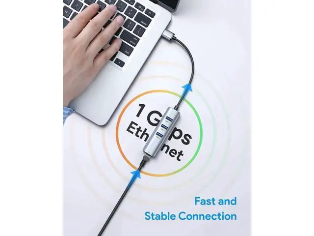 Alt view image 2 of 7 - USB to Ethernet Adapter, USB 3.0 to Ethernet, Aluminum 3 Port USB 3.0 Hub with RJ45 10/100/1000 Gigabit Ethernet Adapter Converter LAN Wired, USB Network Adapter for Laptop MacBook