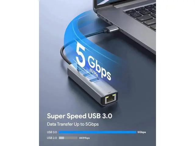 Alt view image 5 of 7 - USB to Ethernet Adapter, USB 3.0 to Ethernet, Aluminum 3 Port USB 3.0 Hub with RJ45 10/100/1000 Gigabit Ethernet Adapter Converter LAN Wired, USB Network Adapter for Laptop MacBook