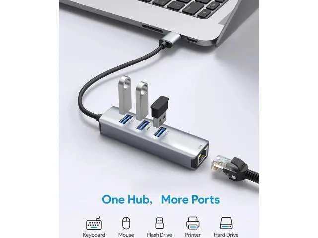 Alt view image 6 of 7 - USB to Ethernet Adapter, USB 3.0 to Ethernet, Aluminum 3 Port USB 3.0 Hub with RJ45 10/100/1000 Gigabit Ethernet Adapter Converter LAN Wired, USB Network Adapter for Laptop MacBook