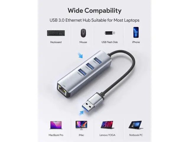Alt view image 7 of 7 - USB to Ethernet Adapter, USB 3.0 to Ethernet, Aluminum 3 Port USB 3.0 Hub with RJ45 10/100/1000 Gigabit Ethernet Adapter Converter LAN Wired, USB Network Adapter for Laptop MacBook
