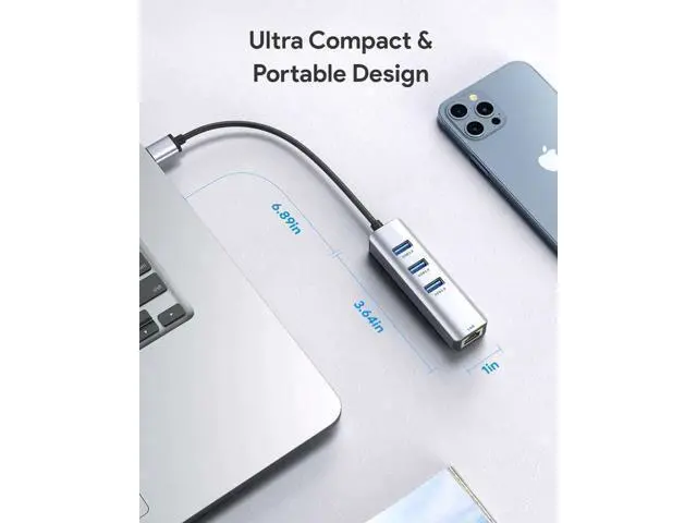 Alt view image 4 of 7 - USB to Ethernet Adapter, USB 3.0 to Ethernet, Aluminum 3 Port USB 3.0 Hub with RJ45 10/100/1000 Gigabit Ethernet Adapter Converter LAN Wired, USB Network Adapter for Laptop MacBook