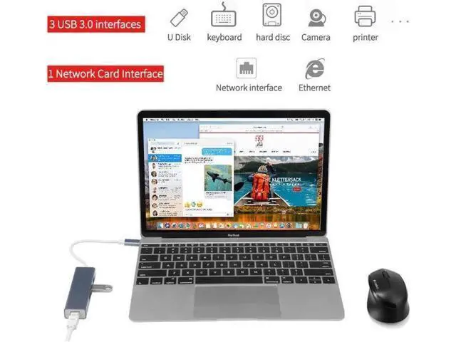 Alt view image 3 of 7 - USB C to Ethernet Adapter with 3 Port USB3.0, USB Type C to 1000/100/10Mbps RJ45 LAN Gigabit Ethernet Network Adapter for Type C Laptops and Other USB Type C Devices,Windows