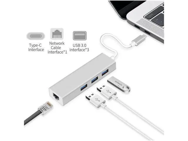 Alt view image 5 of 7 - USB C to Ethernet Adapter with 3 Port USB3.0, USB Type C to 1000/100/10Mbps RJ45 LAN Gigabit Ethernet Network Adapter for Type C Laptops and Other USB Type C Devices,Windows