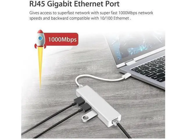 Alt view image 7 of 7 - USB C to Ethernet Adapter with 3 Port USB3.0, USB Type C to 1000/100/10Mbps RJ45 LAN Gigabit Ethernet Network Adapter for Type C Laptops and Other USB Type C Devices,Windows