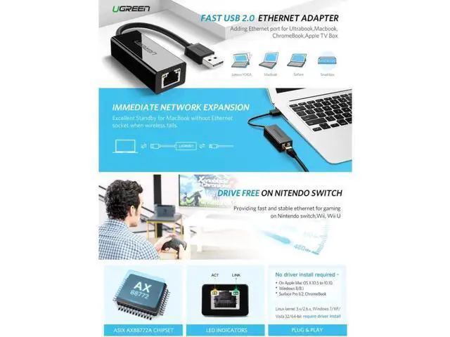 Alt view image 6 of 7 - Ethernet Adapter USB 2.0 to 10/100 Network RJ45 Lan Wired Adapter for Nintendo Switch,Wii,Wii U,Macbook,Chromebook,Windows 10,8.1,Mac OS, Surface Pro, Linux ASIX AX88772 Chipset (White)