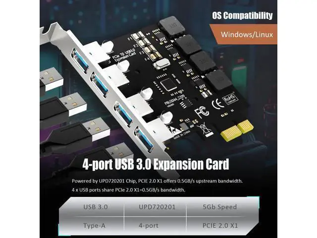 Alt view image 4 of 7 - U3044 4-Port USB 3.0 Type-A 5Gb PCIe Expansion Card for Intel, AMD, and ARM Platform, Compatible with Windows and Linux (Not Support Mac OS)