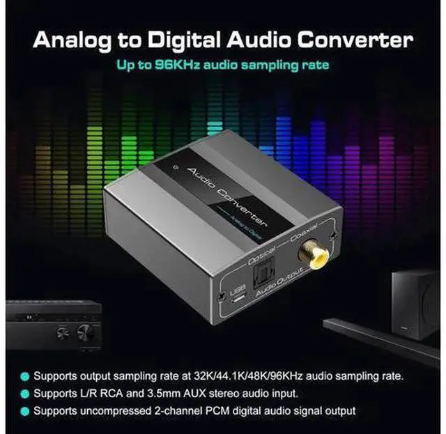 Alt view image 6 of 6 - Analog to Digital Audio Converter RCA to Optical with Cable 3.5mm AUX Jack Toslink and Coaxial Adapter for Soundbar