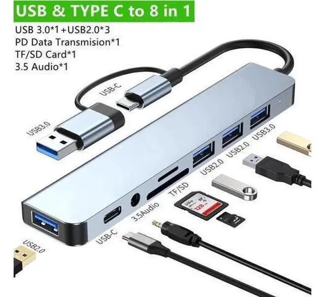 Alt view image 4 of 7 - USB C Hub USB Hub 3.0, Aluminum USB Splitter with 1 x USB 3.0, 3 x USB 2.0 and 1 x USB C, SD/TF Card Reader, 3.5mm Aux Ports for MacBook Pro Air and More PC/Laptop/Tablet Devices