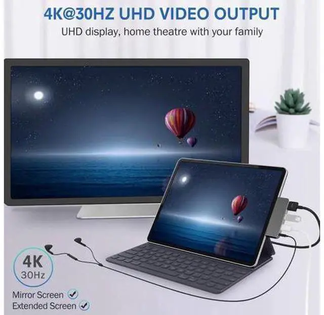 Alt view image 3 of 7 - USB C Hub, 4 in 1 Type C Hub Adapter with 1 USB 3.0 Port, 3.5mm Headphone Jack, PD Charging and 4k HDMI, for iPad Pro 11"/12.9" 2018 & MacBook Pro and Other Type C Devices, Silver