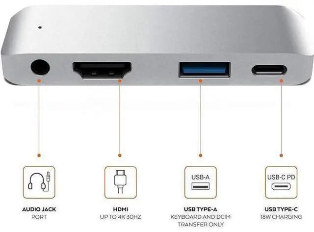 Alt view image 7 of 7 - USB C Hub, 4 in 1 Type C Hub Adapter with 1 USB 3.0 Port, 3.5mm Headphone Jack, PD Charging and 4k HDMI, for iPad Pro 11"/12.9" 2018 & MacBook Pro and Other Type C Devices, Silver
