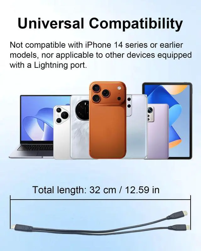 Alt view image 4 of 7 - 2 in 1 Dual Type C Male to C Y Splitter Extension Charging Cable