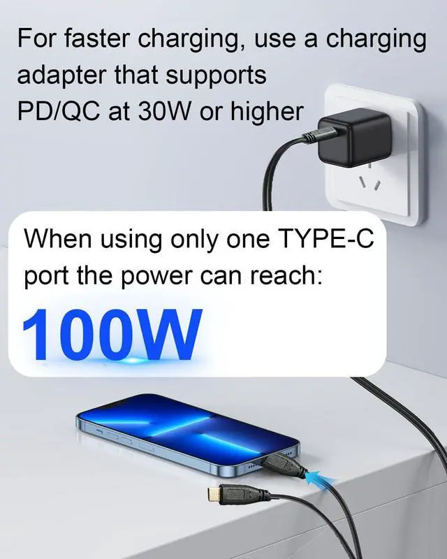 Alt view image 6 of 7 - 2 in 1 Dual Type C Male to C Y Splitter Extension Charging Cable