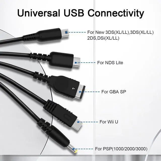 Alt view image 2 of 7 - 5 in 1 USB Charger Cable for Nintendo 3DS, DS Charger, Compatible Nintendo DS Lite, New 3DS (XL/LL), New 3DS, 2DS, DSi XL, NDS, Wii U Gamepad, GBA SP, PSP 1000 2000 3000