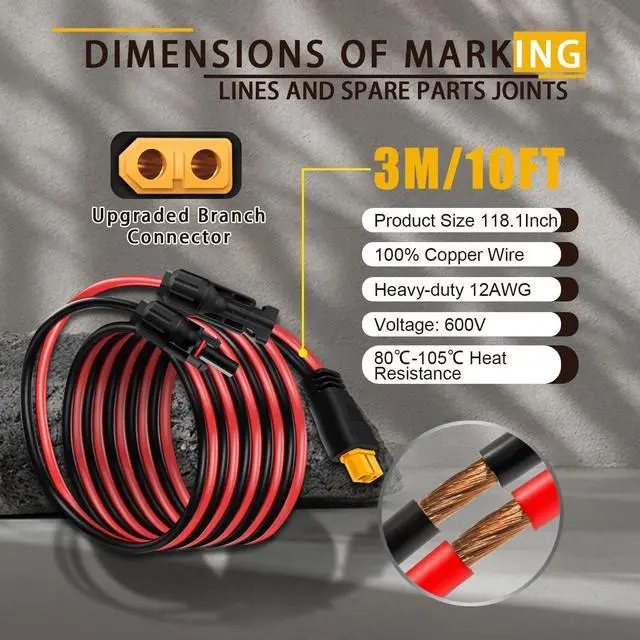 Alt view image 6 of 7 - Solar Panel Cable for Ecoflow Anker SOLIX 12AWG, 10FT/3M Compatible with MC-4 to XT60 Plug Solar Panel Connector Adapter Extension for Portable Power Station Solar Generator RV