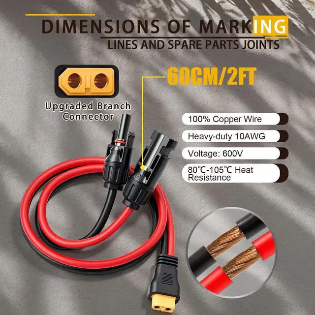 Alt view image 7 of 7 - 2FT Solar Panel Cable for Ecoflow 10AWG, Compatible with MC-4 to XT60 Plug Solar Panel Connector Adapter Extension for Portable Power Station Solar Generator RV 60cm