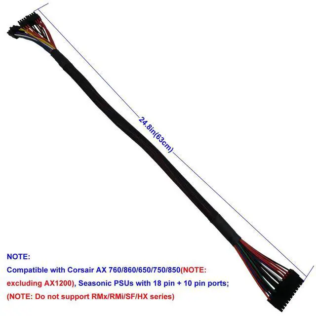 Alt view image 4 of 7 - 24 Pin ATX Cable for Corsair AX Series and Seasonic PSUs, 18 Pin + 10 Pin to 24 Pin ATX PSU Power Adapter Sleeved 24.8-inch(63cm)