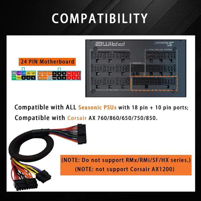 Alt view image 5 of 7 - 24 Pin ATX Cable for Corsair AX Series and Seasonic PSUs, 18 Pin + 10 Pin to 24 Pin ATX PSU Power Adapter Sleeved 24.8-inch(63cm)