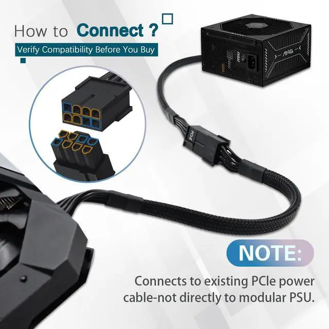 Alt view image 7 of 7 - (2 Pack) 8 Pin PCIe Cable, PCIe 8 Pin Female to 8 Pin(6+2) Male GPU Power Extention Sleeved Adapter Cable 9-inch(23cm)