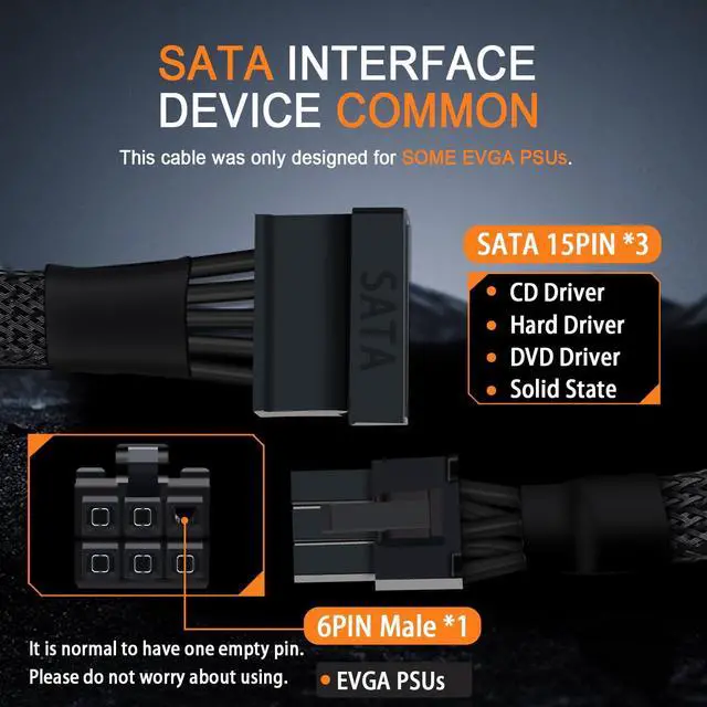 Alt view image 3 of 7 - SATA Power Cable for EVGA PSUs, 6 Pin to 3X 15 Pin SATA Hard Drive Adapter Sleeved Splitter for Some Specific Types of EVGA Power Supply 20-in(50cm)