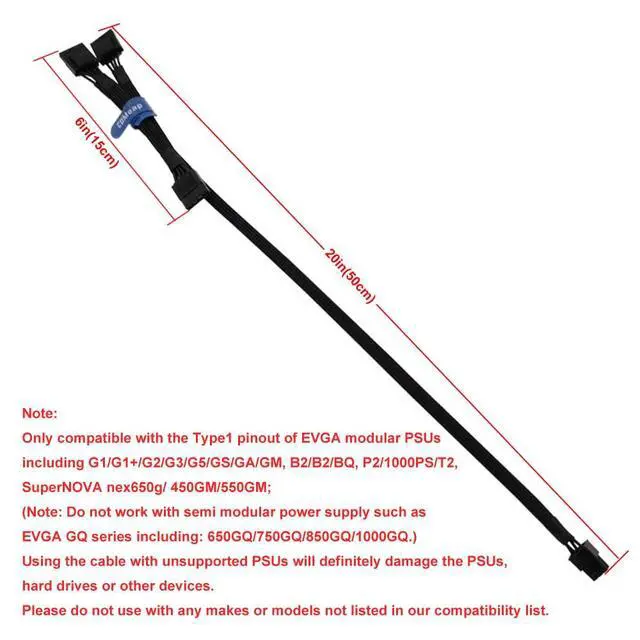 Alt view image 4 of 6 - Molex Power Cable for EVGA PSUs, 6 Pin to 3X 4 Pin Molex Hard Drive Adapter Sleeved Splitter for Some Specific Types of EVGA Power Supply 20-in(50cm)