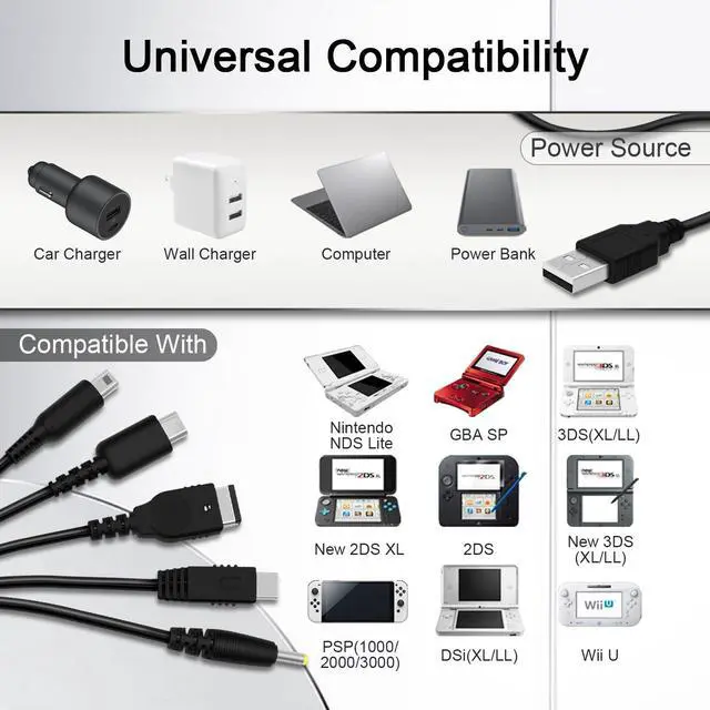 Alt view image 3 of 7 - 5 in 1 USB Charger Cable for Nintendo 3DS, DS Charger DS Lite, New 3DS (XL/LL), New 3DS, 2DS, DSi XL, NDS, Wii U Gamepad, GBA SP, PlayStation Vita 1000
