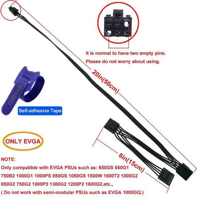 Alt view image 2 of 6 - Molex Power Cable for EVGA PSUs, 6 Pin to 3X 4 Pin Molex Hard Drive Adapter Splitter for Some Specific Types of EVGA Power Supply 20-in(50cm)
