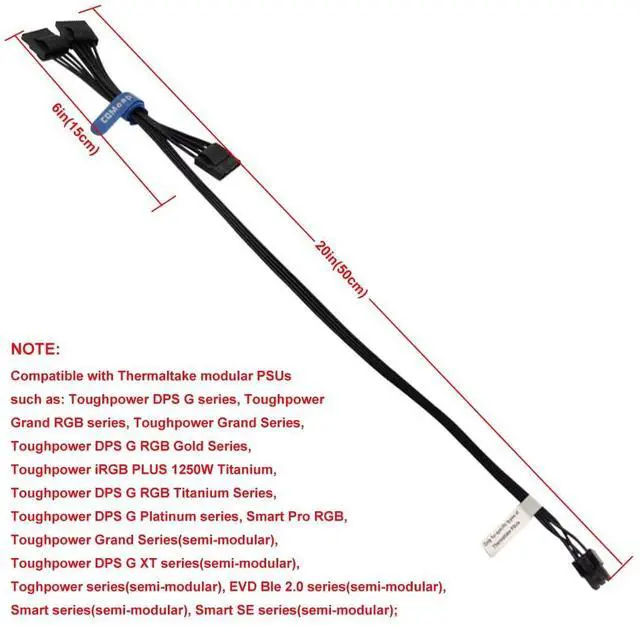Alt view image 4 of 6 - 6 Pin to 3X 4 Pin Molex Hard Drive HDD Power Adapter Cable for Some Types of Thermaltake Modular PSUs 20-in(50cm)