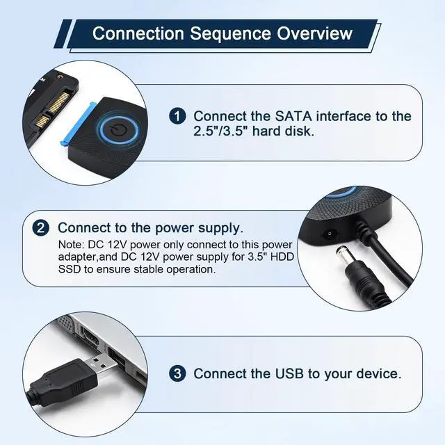 Alt view image 6 of 6 - SATA to USB 3.0 Adapter for 3.5 2.5 Inch SSD/HDD Hard Drive Reader, External Converter Cable for HDD/SSD Data Transfer with 12V DC Power Adapter Support 5Gbps