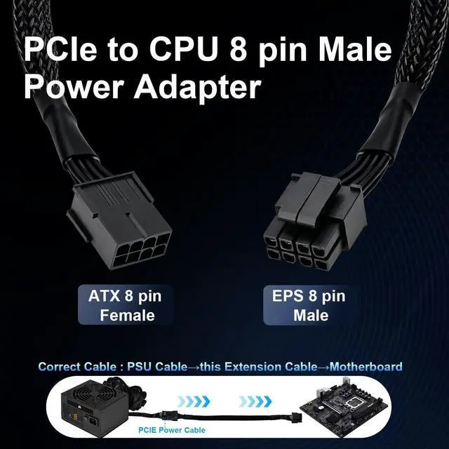 Alt view image 4 of 7 - 8 Pin CPU Power Adapter, PCIe 8 Pin Female to CPU 8 pin (4+4 Detachable) Male EPS-12V Adapter Converter Sleeved Cable 13.3-inch(34cm)