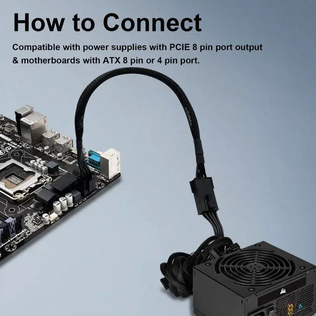 Alt view image 6 of 7 - 8 Pin CPU Power Adapter, PCIe 8 Pin Female to CPU 8 pin (4+4 Detachable) Male EPS-12V Adapter Converter Sleeved Cable 13.3-inch(34cm)