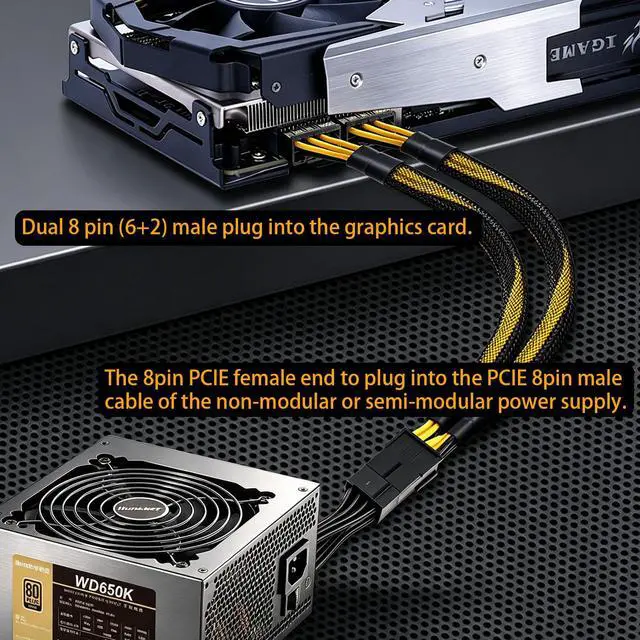 Alt view image 3 of 6 - (2-Pack) 8 Pin PCIe Splitter Cable, GPU VGA PCIe 8 Pin Female to Dual 6+2 Pin Male PCI Express Power Adapter Braided Extension 9 inches (23cm)