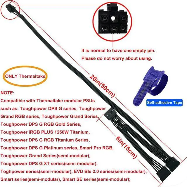 Alt view image 2 of 5 - SATA Power Cable for Thermaltake PSUs, 6 Pin to 3X 15 Pin SATA Hard Drive Adapter for Some Types of Thermaltake Modular PSUs 20-in(50cm)
