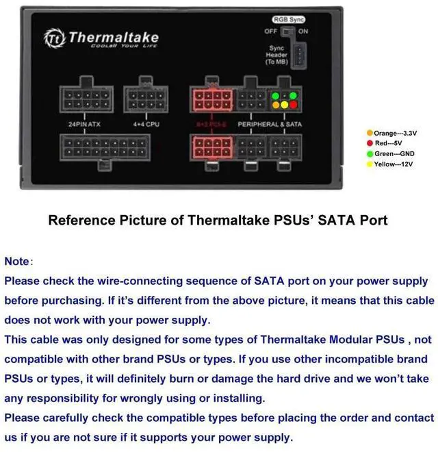Alt view image 4 of 5 - SATA Power Cable for Thermaltake PSUs, 6 Pin to 3X 15 Pin SATA Hard Drive Adapter for Some Types of Thermaltake Modular PSUs 20-in(50cm)