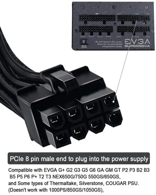 Alt view image 5 of 6 - PCIE Cable for EVGA, PCIe 8 Pin Male to Dual PCIe 8 Pin (6+2) Male GPU Power Cable for EVGA Power Supply 25-inch(63cm) Black