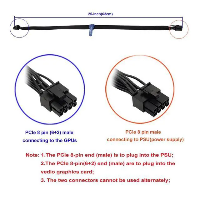 Alt view image 5 of 6 - (2-Pack) PCIE Cable for EVGA, PCIe 8 Pin Male to PCIe 8 Pin (6+2) Male GPU Power Cable for EVGA Power Supply 25-inch(63cm)