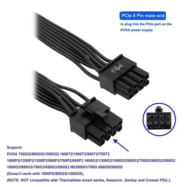 Alt view image 2 of 6 - (2-Pack) PCIE Cable for EVGA, PCIe 8 Pin Male to PCIe 8 Pin (6+2) Male GPU Power Cable for EVGA Power Supply 25-inch(63cm)